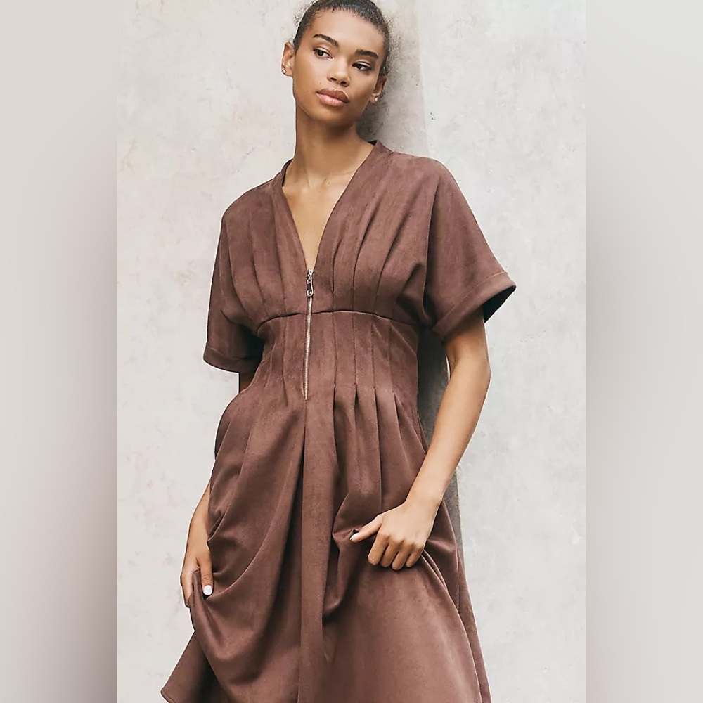 Brown Midi Dress with Front Zip - Women Anthropologie